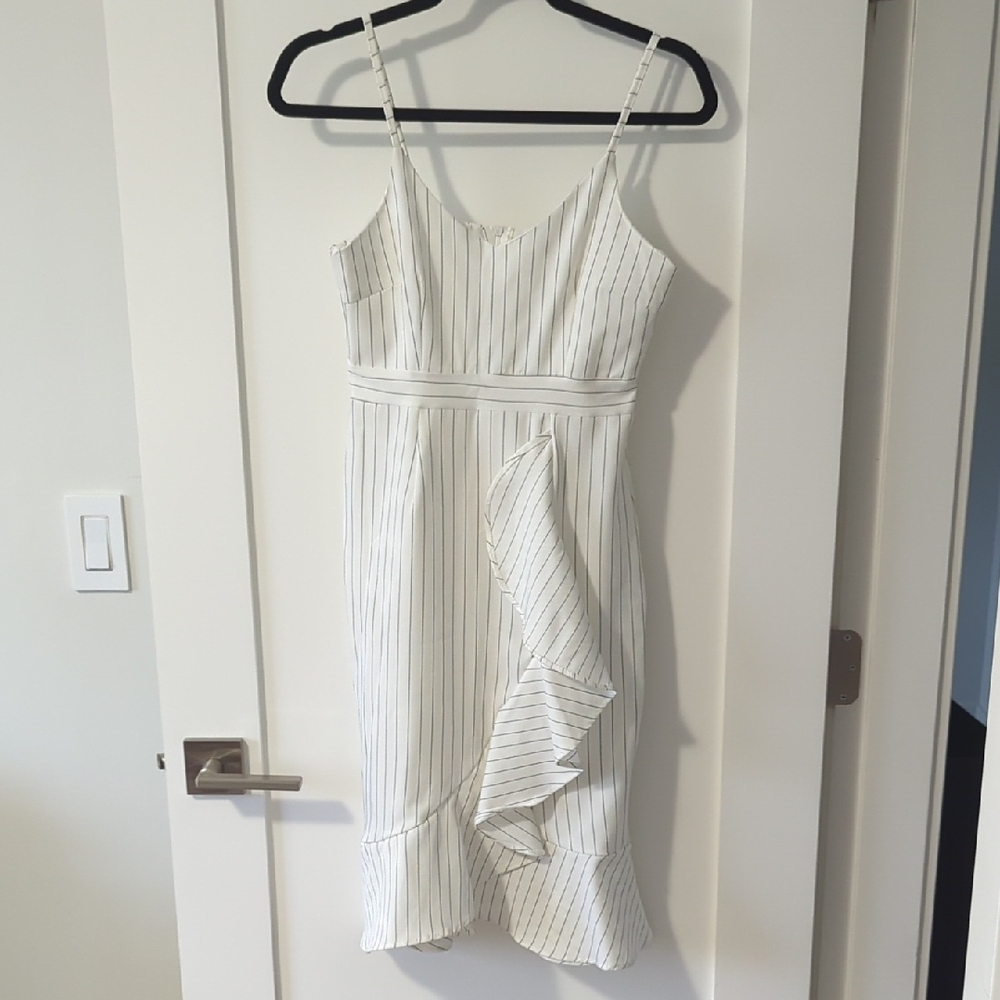 White Pinstripe Ruffle Dress